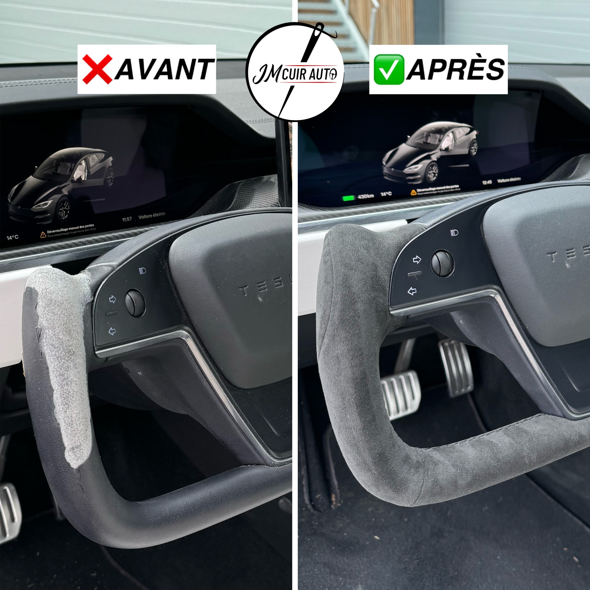 Avant / après rénovation volant Tesla en alcantara